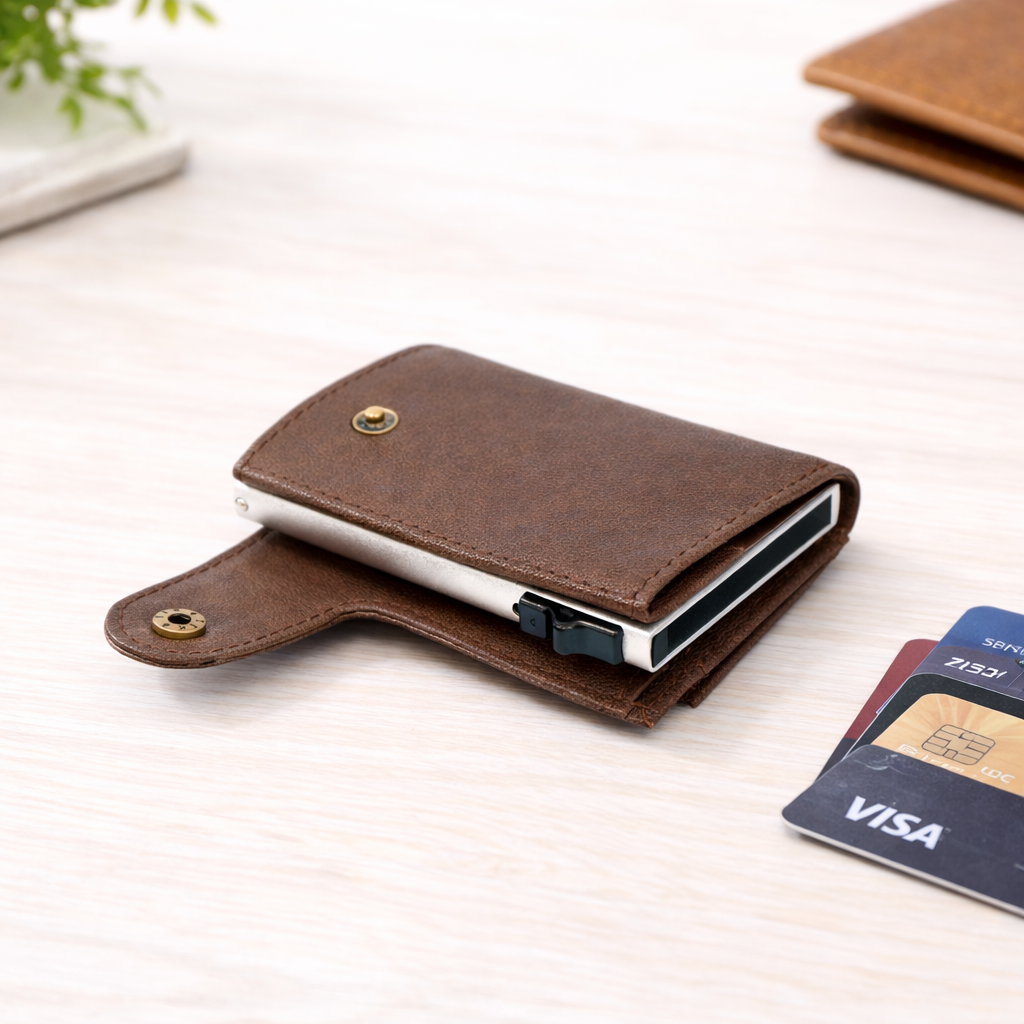 Genuine Leather RFID Blocking Pop-Up Card Holder Wallet Slim Wallet for Men & Women Quick Access Credit Card Case