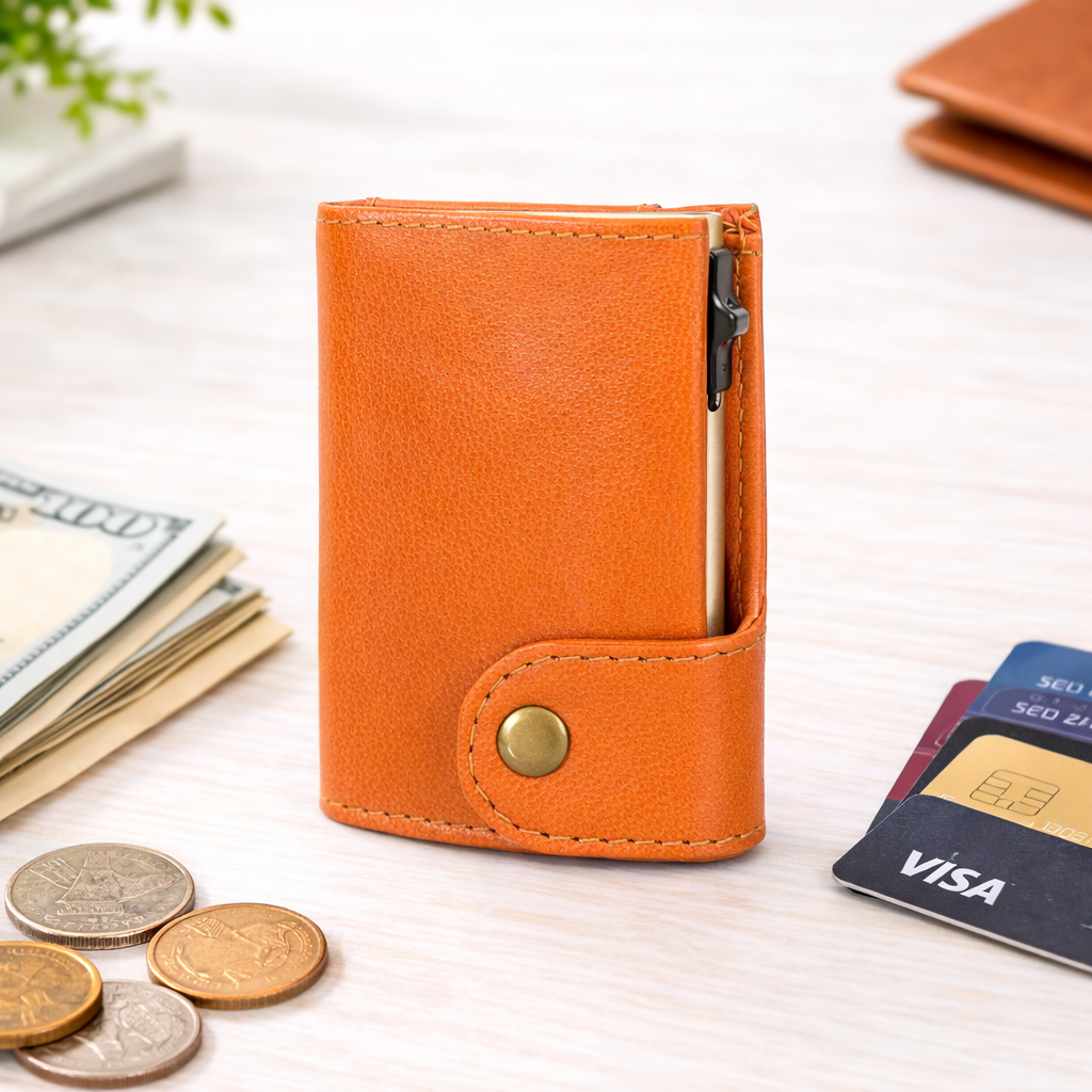 Premium Genuine Leather Smart Card Holder Wallet RFID Blocking Slim Wallet with Pop-Up Card Case Compact Tan Wallet