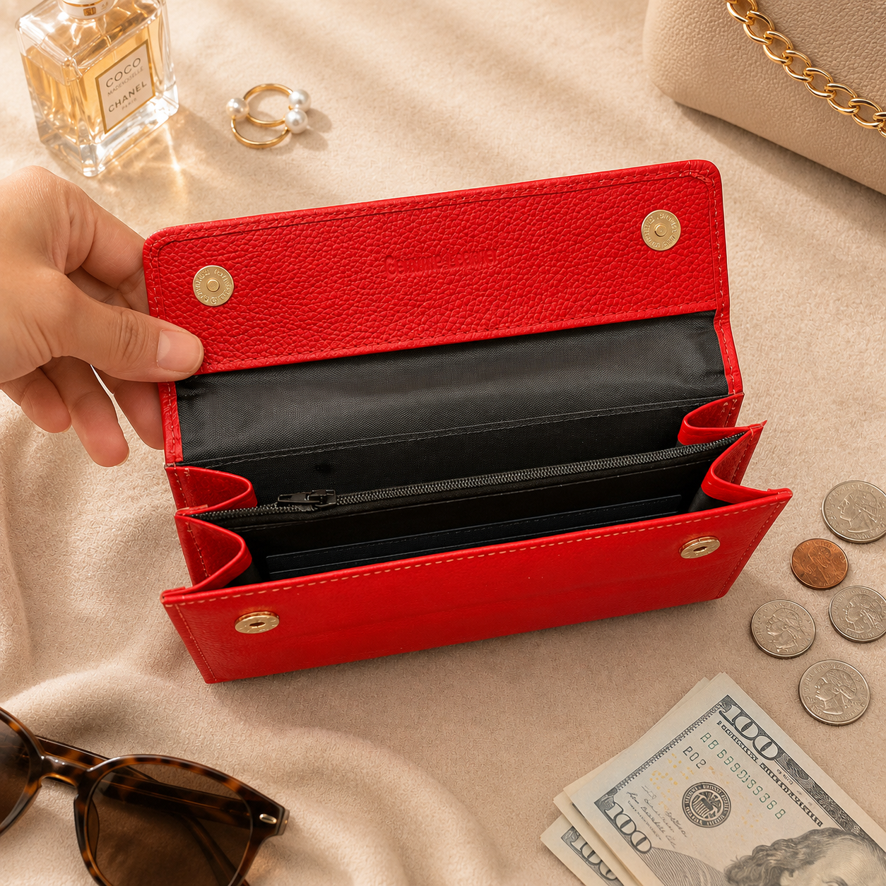 Red Leather Wallet for Women, Long Wallet, Card Holder Purse, Multi Compartment Clutch Wallet, Women's Gift