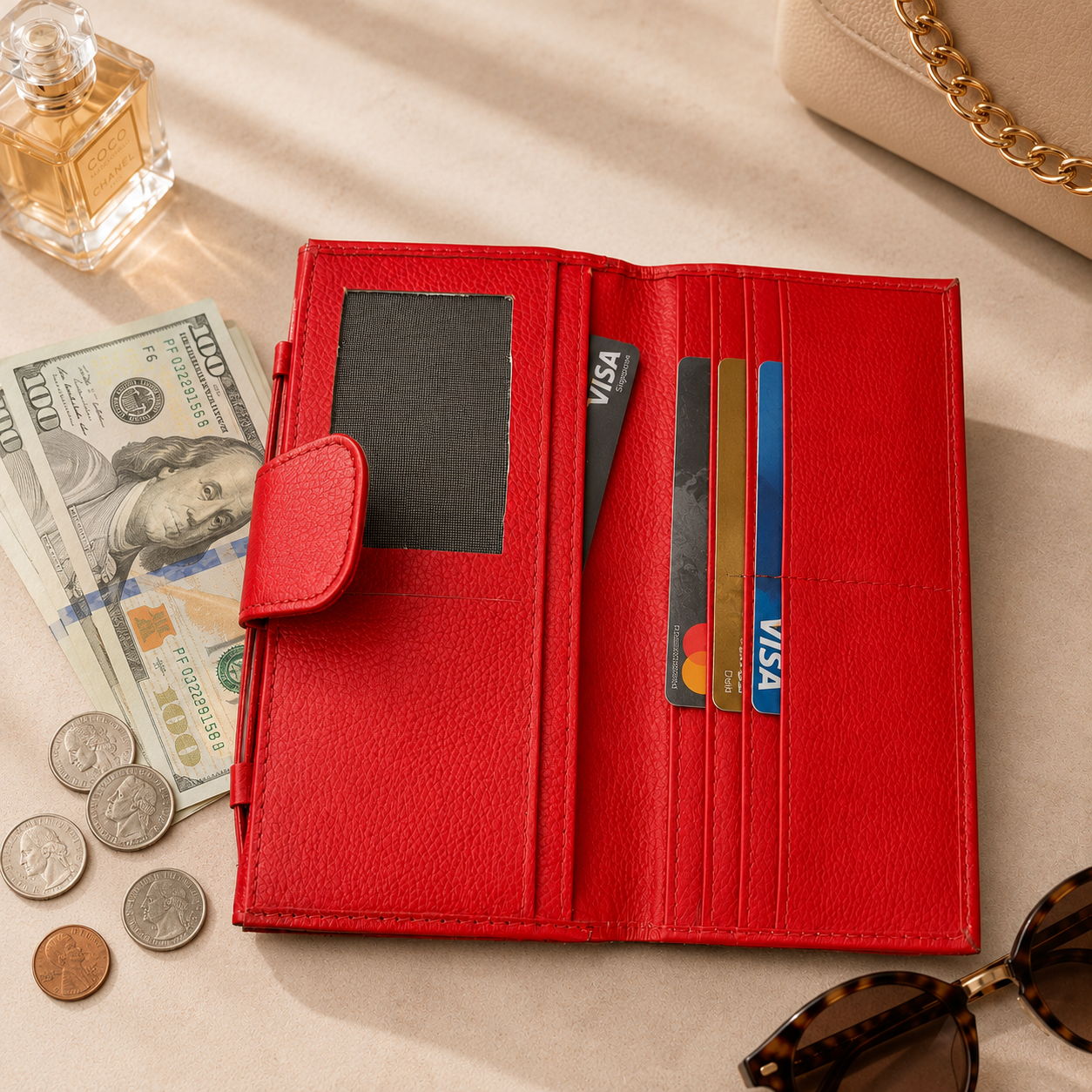 Red Leather Wallet for Women, Long Wallet, Card Holder Purse, Multi Compartment Clutch Wallet, Women's Gift