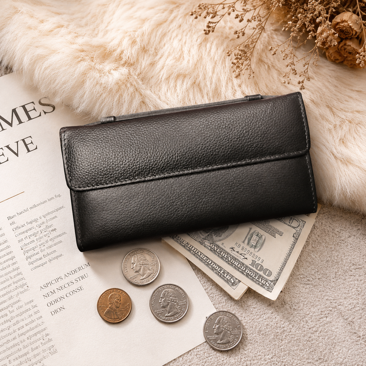 Black Leather Wallet for Women, Long Wallet, Card Holder Purse, Multi Compartment Clutch Wallet, Women's Gift
