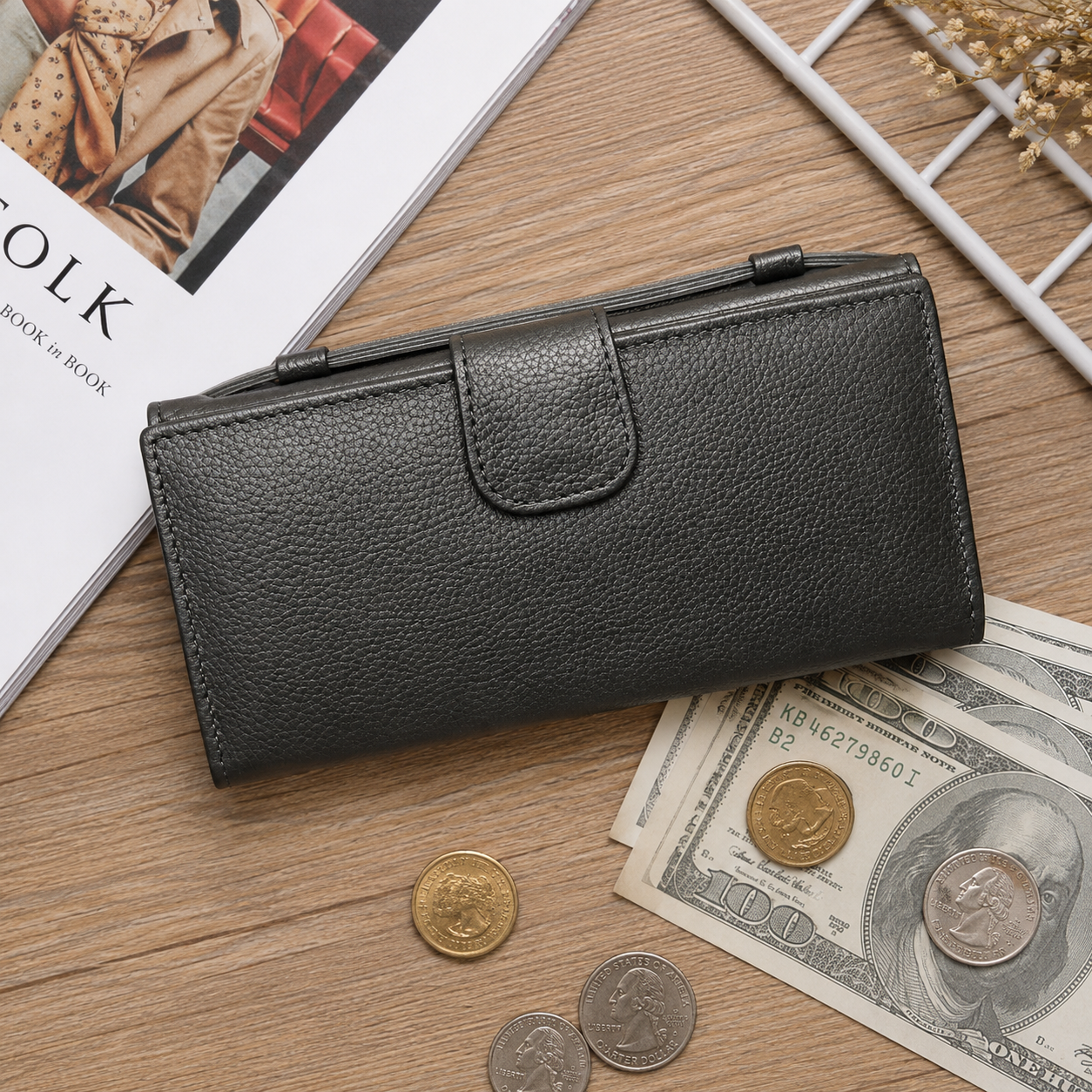 Black Leather Wallet for Women, Long Wallet, Card Holder Purse, Multi Compartment Clutch Wallet, Women's Gift