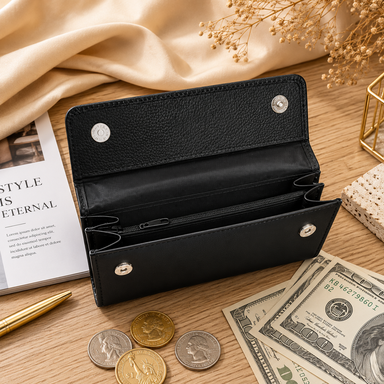 Black Leather Wallet for Women, Long Wallet, Card Holder Purse, Multi Compartment Clutch Wallet, Women's Gift