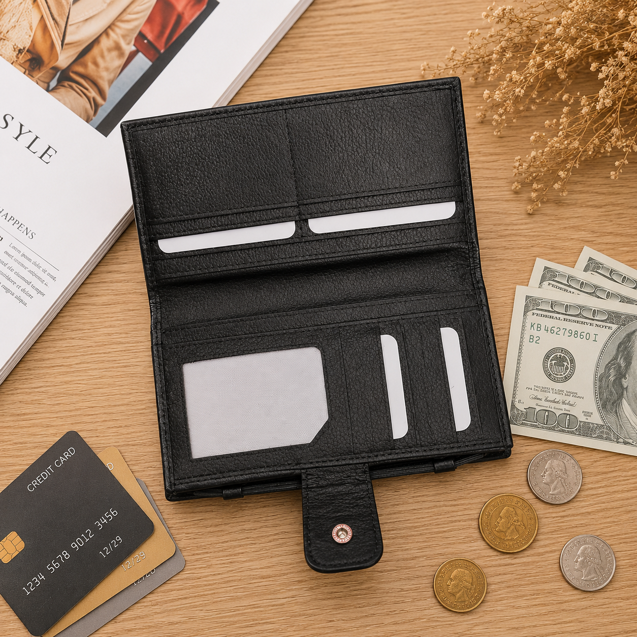 Black Leather Wallet for Women, Long Wallet, Card Holder Purse, Multi Compartment Clutch Wallet, Women's Gift
