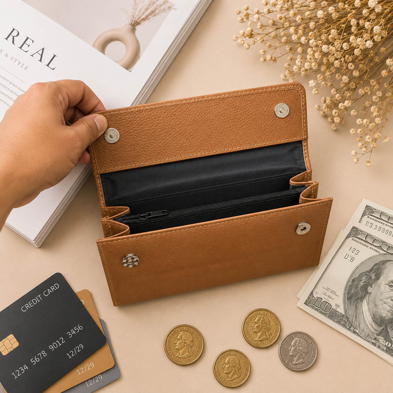 Tan Leather Wallet for Women, Long Wallet, Card Holder Purse, Multi Compartment Clutch Wallet, Women's Gift