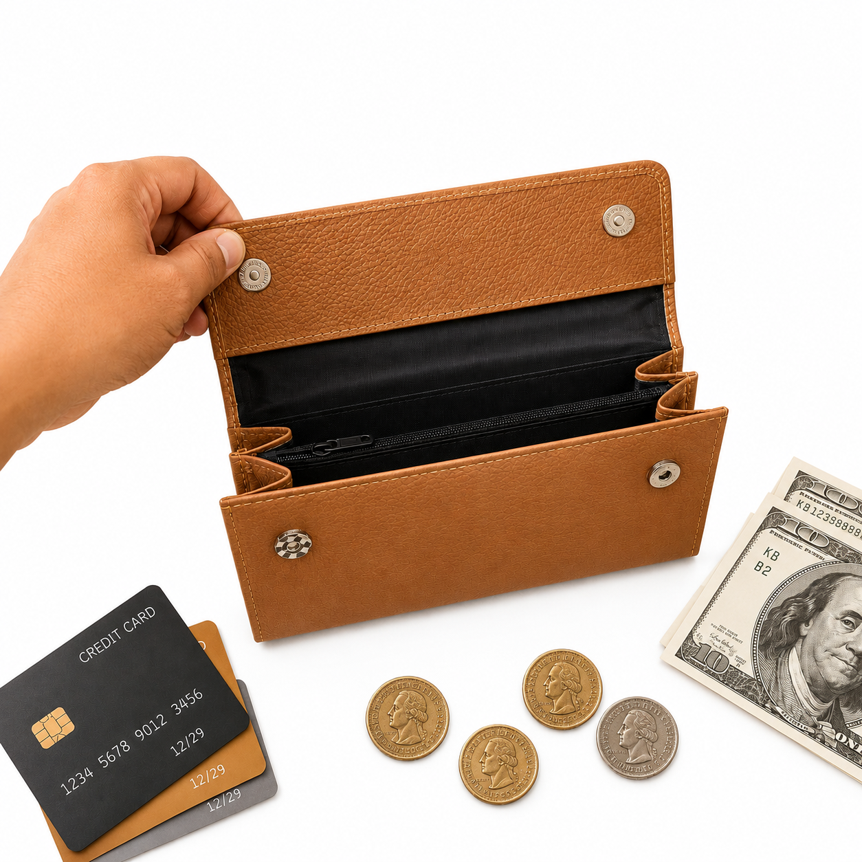 Tan Leather Wallet for Women, Long Wallet, Card Holder Purse, Multi Compartment Clutch Wallet, Women's Gift