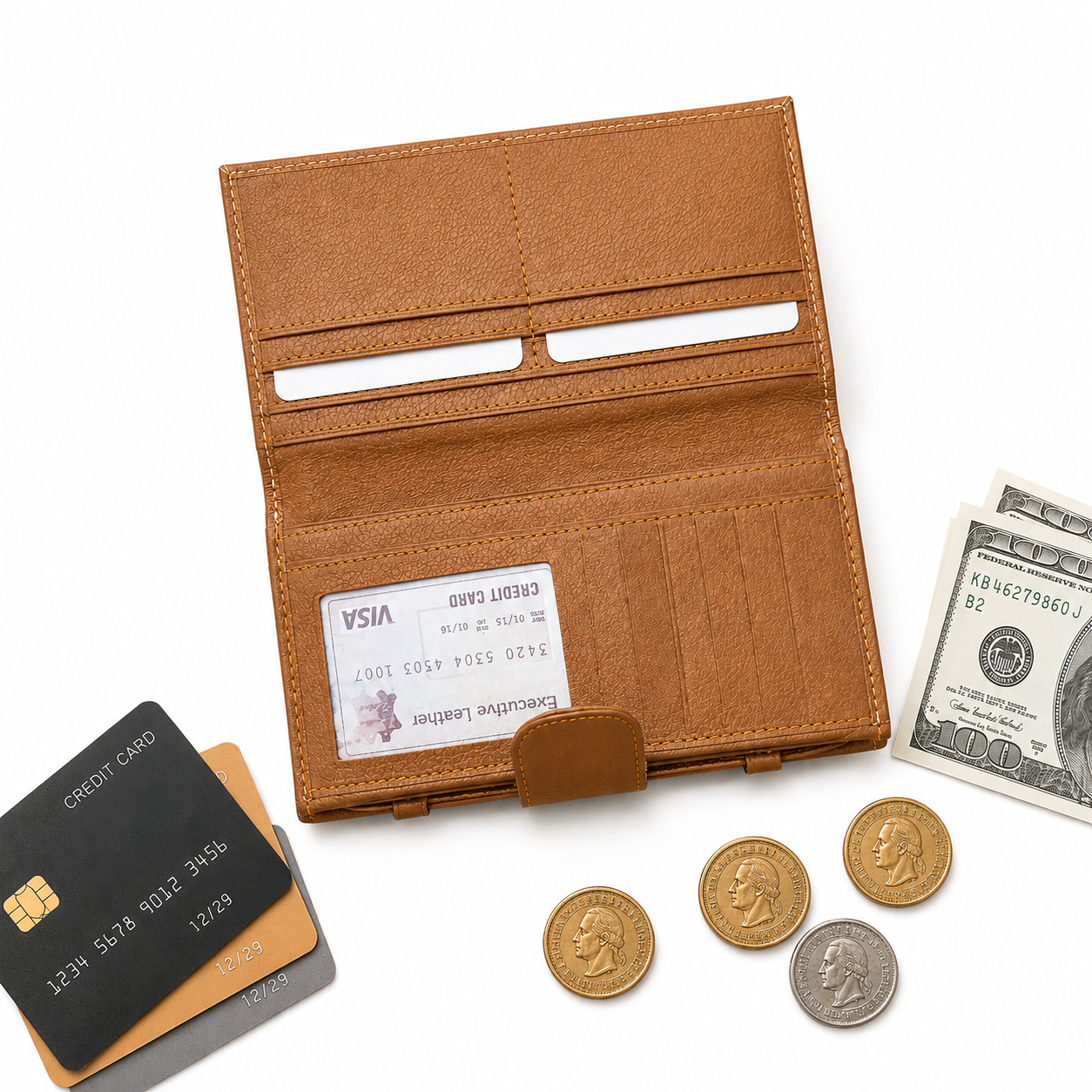 Tan Leather Wallet for Women, Long Wallet, Card Holder Purse, Multi Compartment Clutch Wallet, Women's Gift
