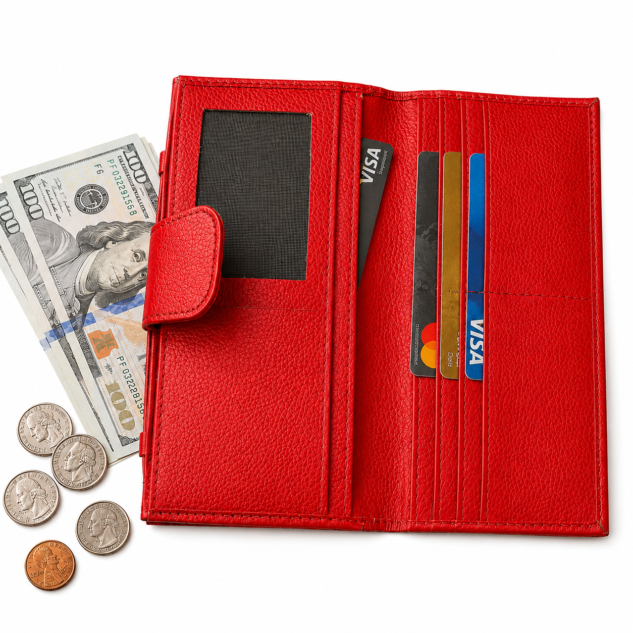 Red Leather Wallet for Women, Long Wallet, Card Holder Purse, Multi Compartment Clutch Wallet, Women's Gift