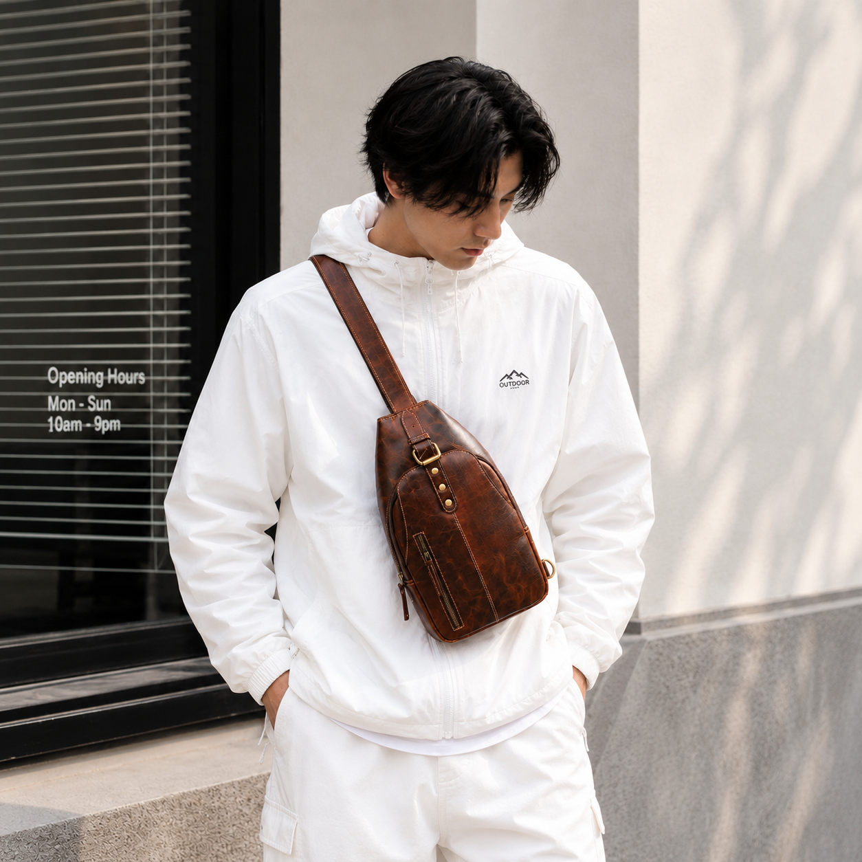Unisex Leather Sling Bag Vintage Brown Crossbody Backpack, Handmade Travel Chest Bag, Genuine Leather Shoulder Bag