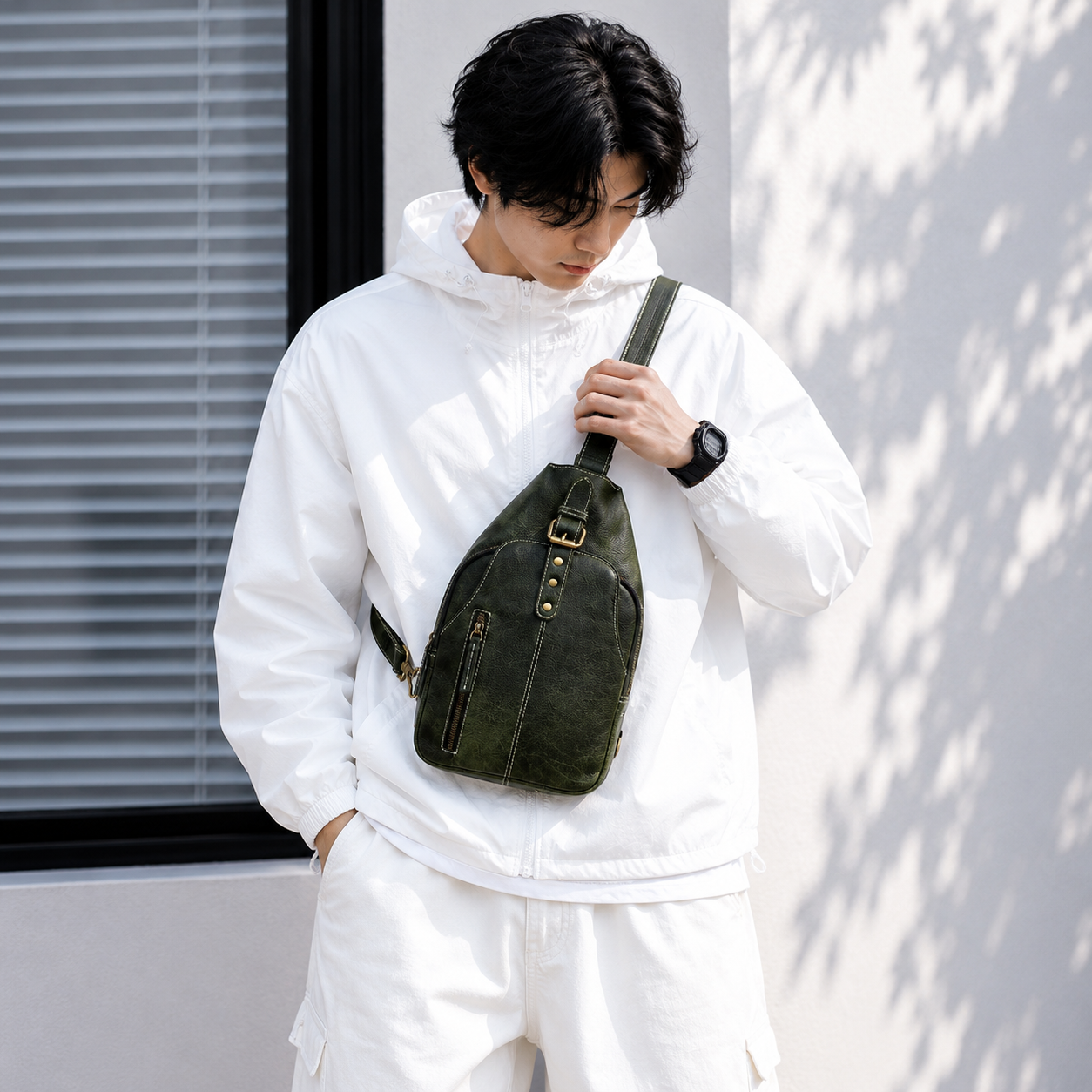 Unisex Leather Sling Bag Vintage Green Crossbody Backpack, Handmade Travel Chest Bag, Genuine Leather Shoulder Bag