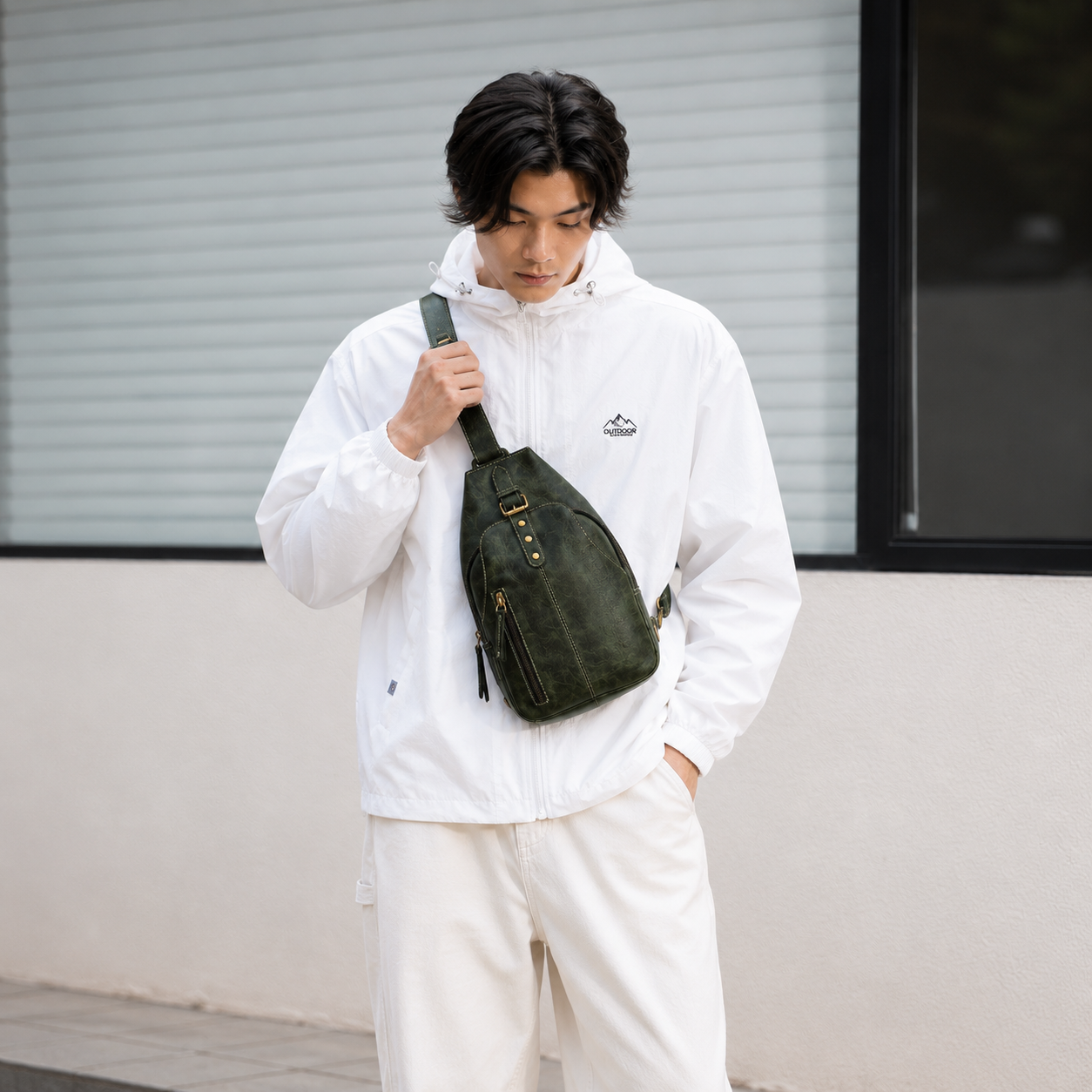 Unisex Leather Sling Bag Vintage Green Crossbody Backpack, Handmade Travel Chest Bag, Genuine Leather Shoulder Bag