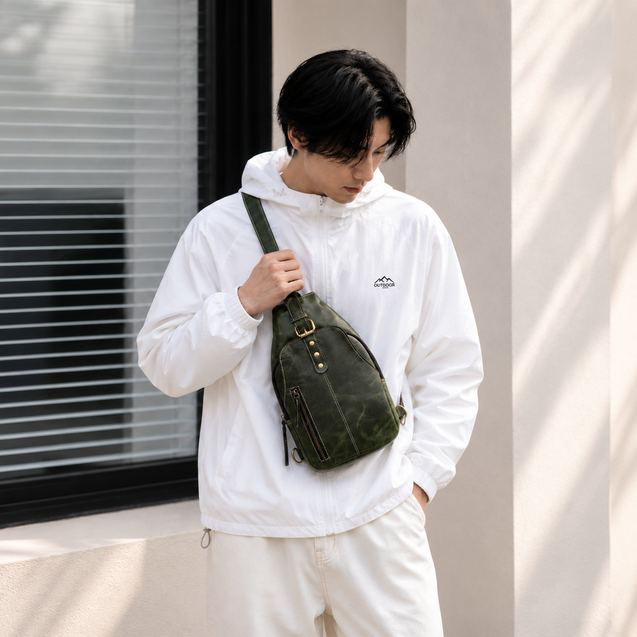 Unisex Leather Sling Bag Vintage Green Crossbody Backpack, Handmade Travel Chest Bag, Genuine Leather Shoulder Bag