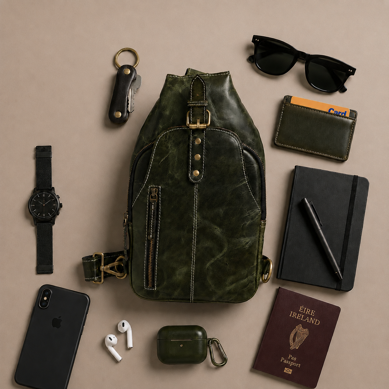 Unisex Leather Sling Bag Vintage Green Crossbody Backpack, Handmade Travel Chest Bag, Genuine Leather Shoulder Bag