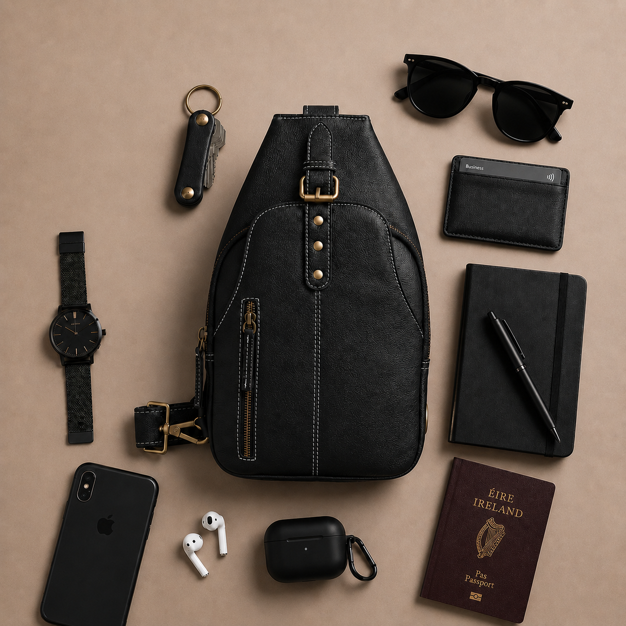 Unisex Leather Sling Bag Black Crossbody Backpack, Handmade Travel Chest Bag, Genuine Leather Shoulder Bag