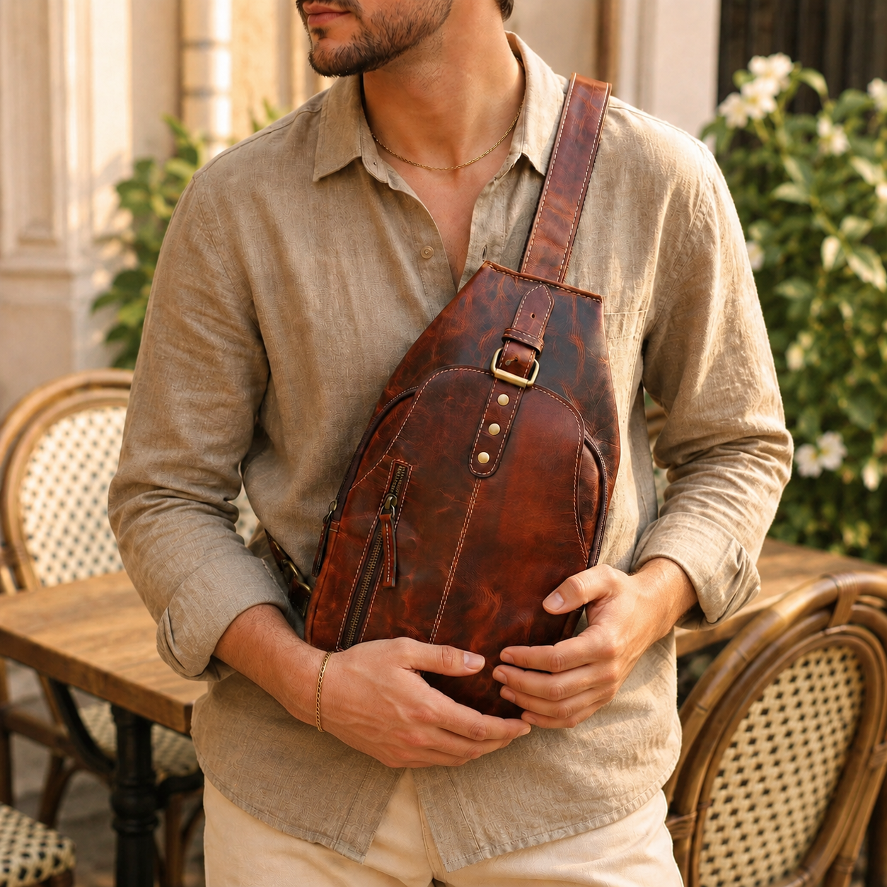 Unisex Leather Sling Bag Vintage Brown Crossbody Backpack, Handmade Travel Chest Bag, Genuine Leather Shoulder Bag
