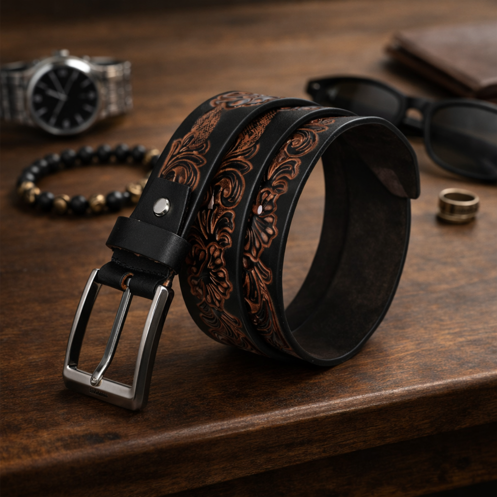 Premium Embossed Genuine Leather Belt Stylish Vintage Designer Belt Durable Formal & Casual Waist Belt