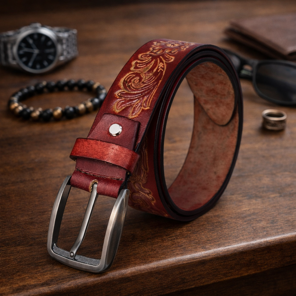 Premium Embossed Genuine Leather Belt Stylish Vintage Designer Belt Durable Formal & Casual Waist Belt