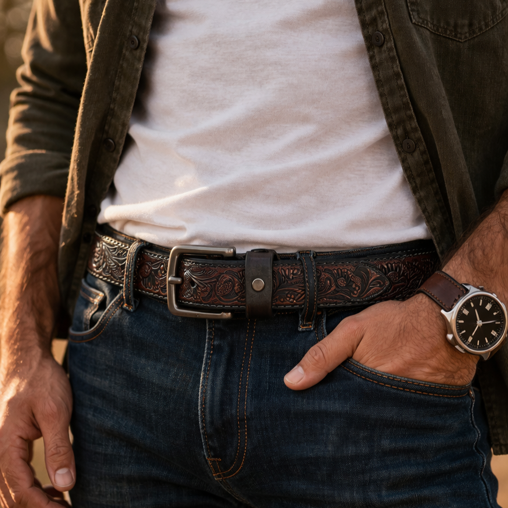 Premium Embossed Genuine Leather Belt Stylish Vintage Designer Belt Durable Formal & Casual Waist Belt
