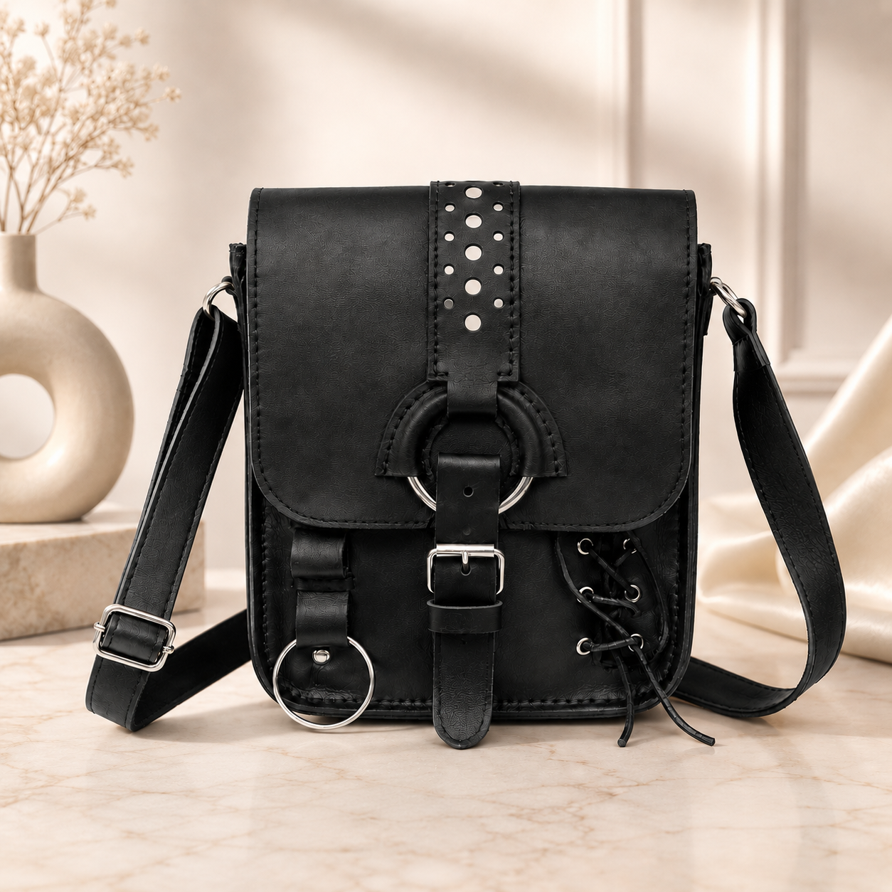 Black Crossbody Bag Punk Style Leather Shoulder Purse for Men & Women