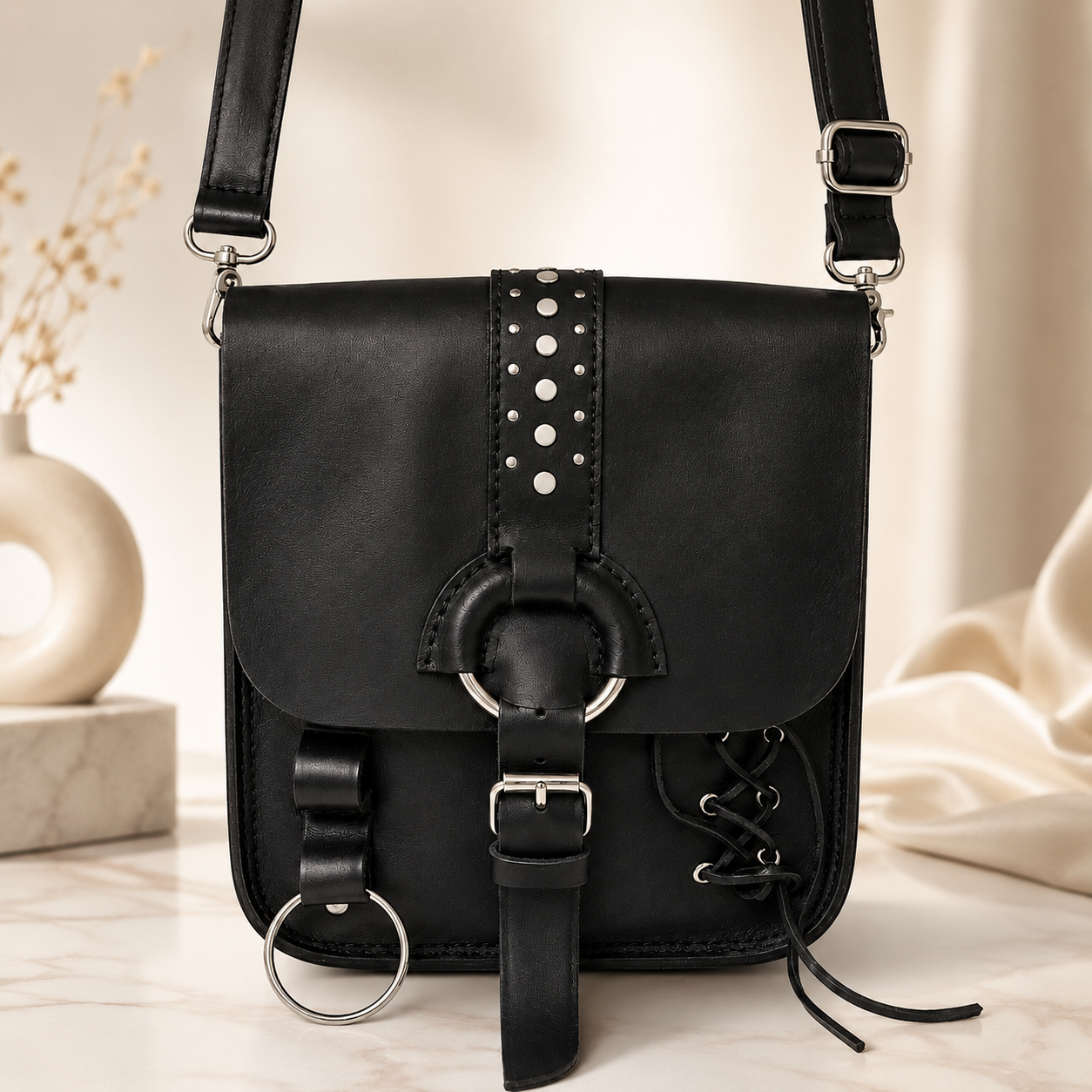 Black Crossbody Bag Punk Style Leather Shoulder Purse for Men & Women