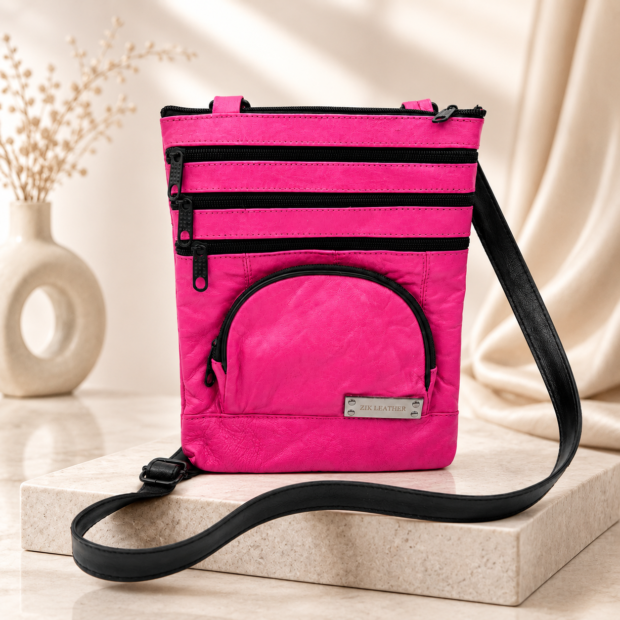 Genuine Leather Sling Bag for Men & Women – Unisex Crossbody Travel Shoulder Bag with Multiple Zipper Pockets