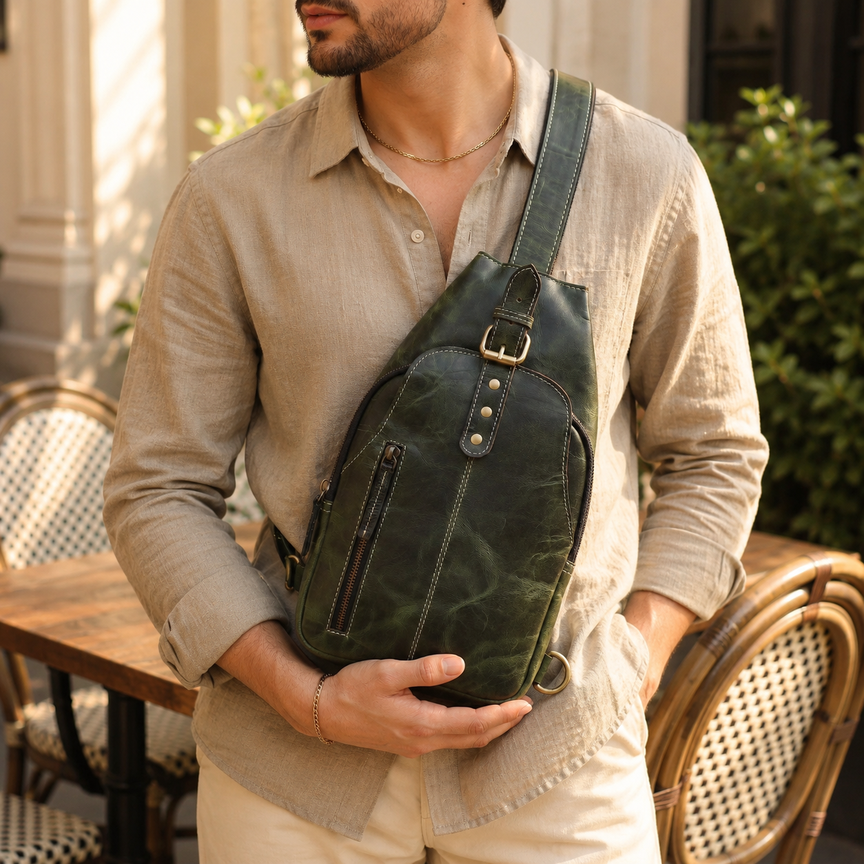 Unisex Leather Sling Bag Vintage Green Crossbody Backpack, Handmade Travel Chest Bag, Genuine Leather Shoulder Bag