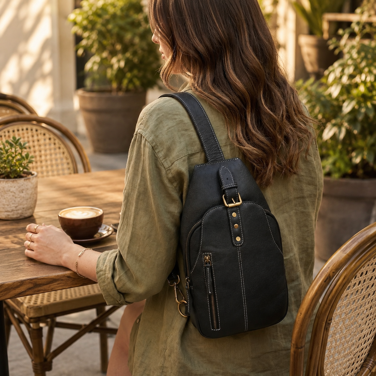 Unisex Leather Sling Bag Black Crossbody Backpack, Handmade Travel Chest Bag, Genuine Leather Shoulder Bag