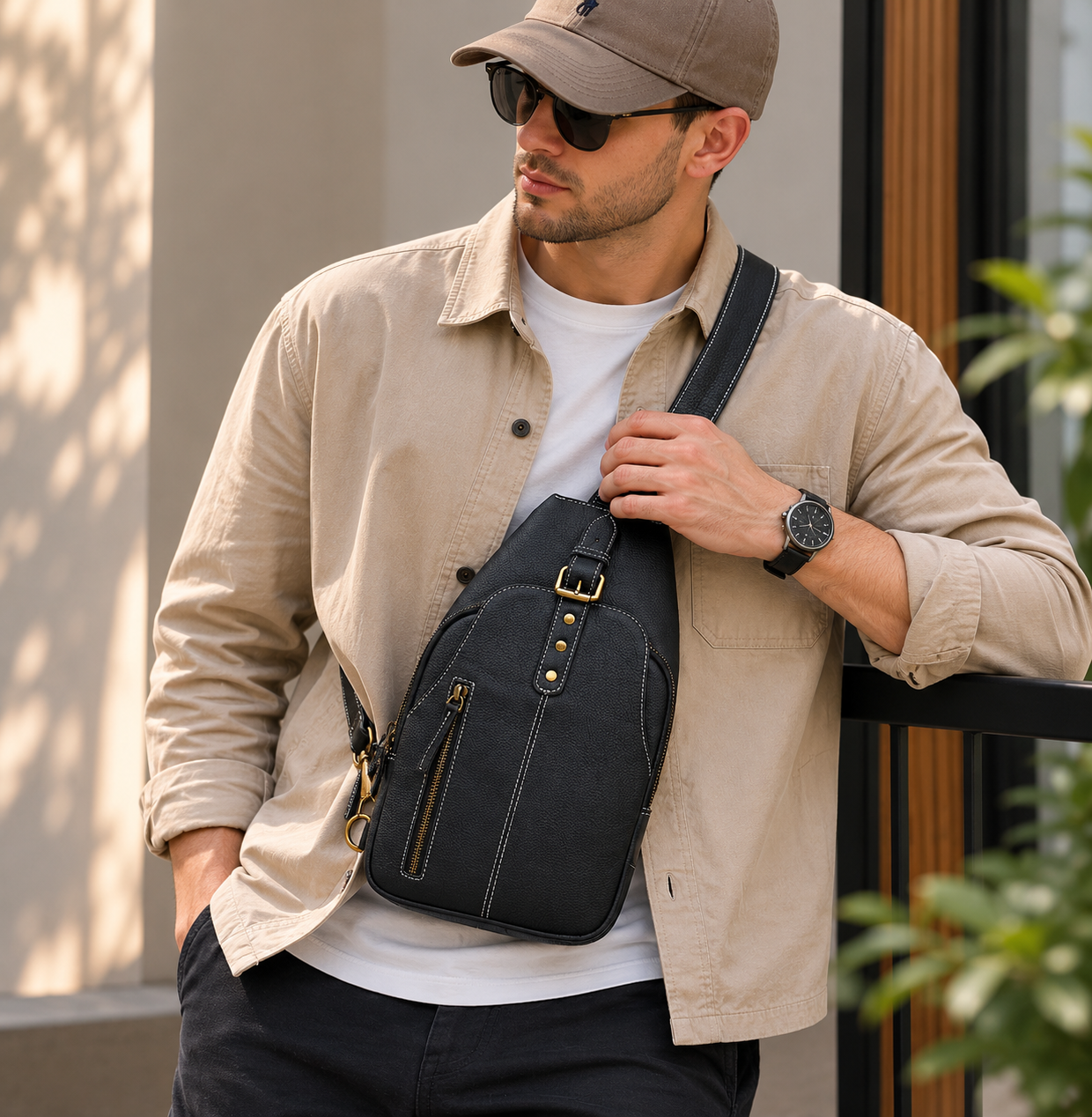 Unisex Leather Sling Bag Black Crossbody Backpack, Handmade Travel Chest Bag, Genuine Leather Shoulder Bag