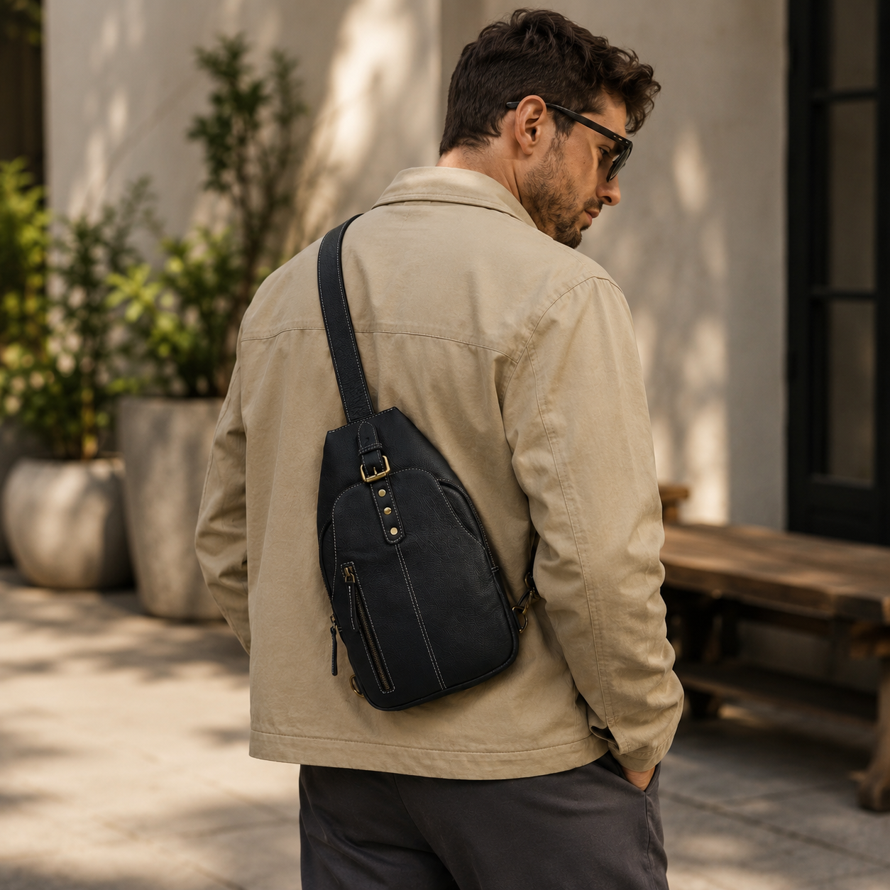 Unisex Leather Sling Bag Black Crossbody Backpack, Handmade Travel Chest Bag, Genuine Leather Shoulder Bag