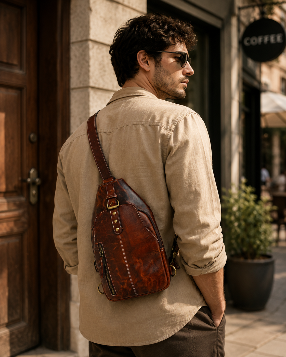 Unisex Leather Sling Bag Vintage Brown Crossbody Backpack, Handmade Travel Chest Bag, Genuine Leather Shoulder Bag