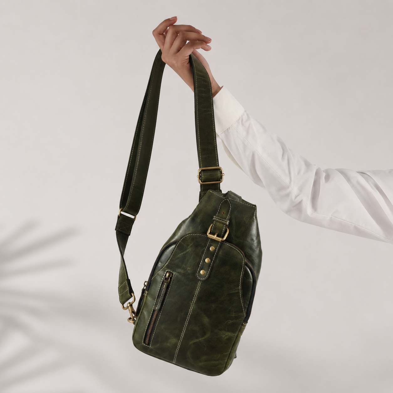 Unisex Leather Sling Bag Vintage Green Crossbody Backpack, Handmade Travel Chest Bag, Genuine Leather Shoulder Bag