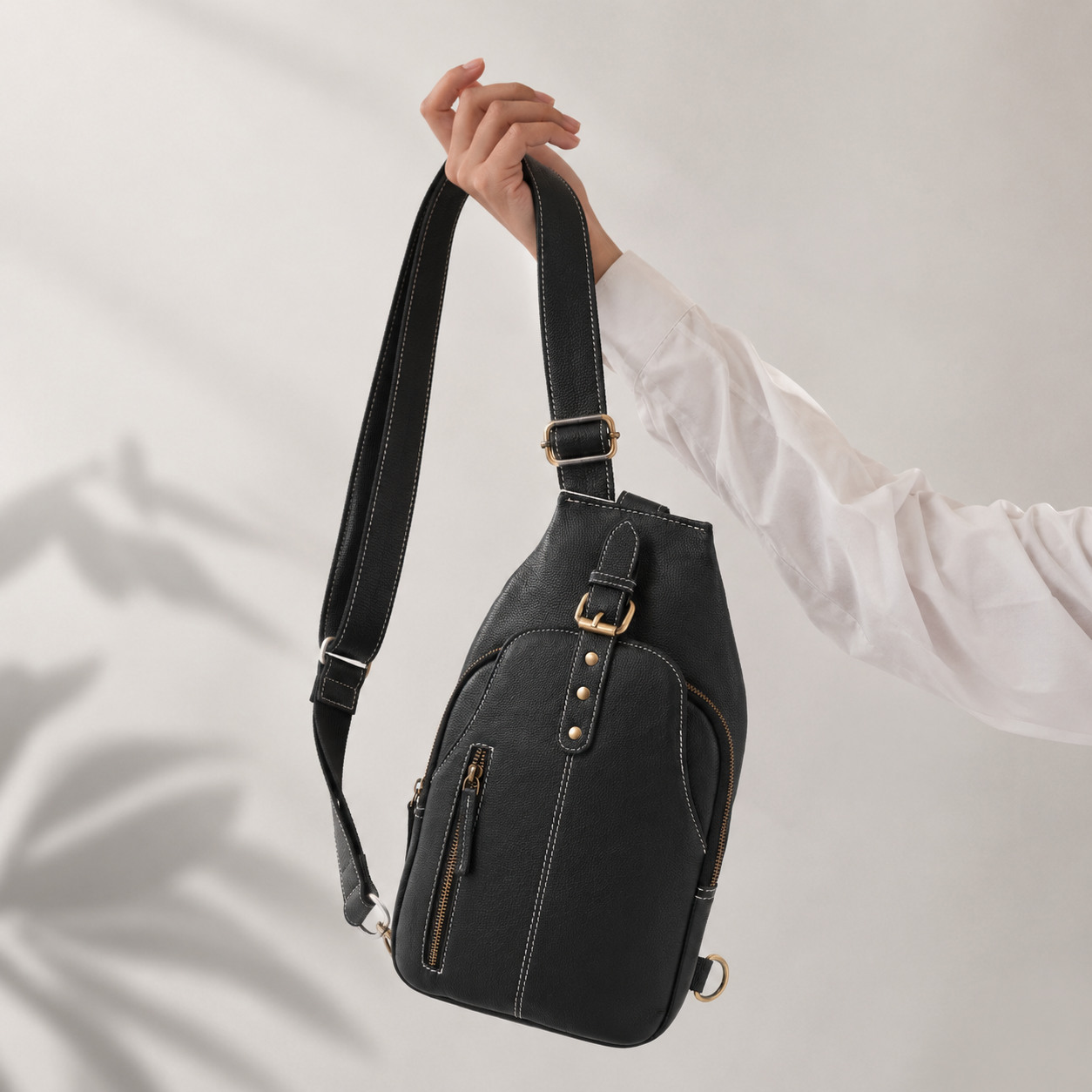 Unisex Leather Sling Bag Black Crossbody Backpack, Handmade Travel Chest Bag, Genuine Leather Shoulder Bag