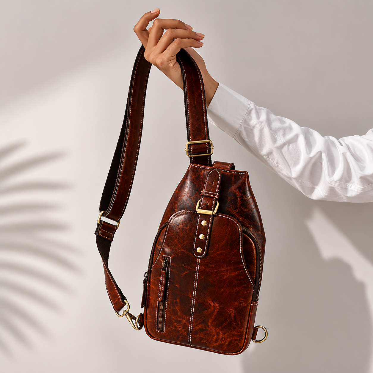 Unisex Leather Sling Bag Vintage Brown Crossbody Backpack, Handmade Travel Chest Bag, Genuine Leather Shoulder Bag