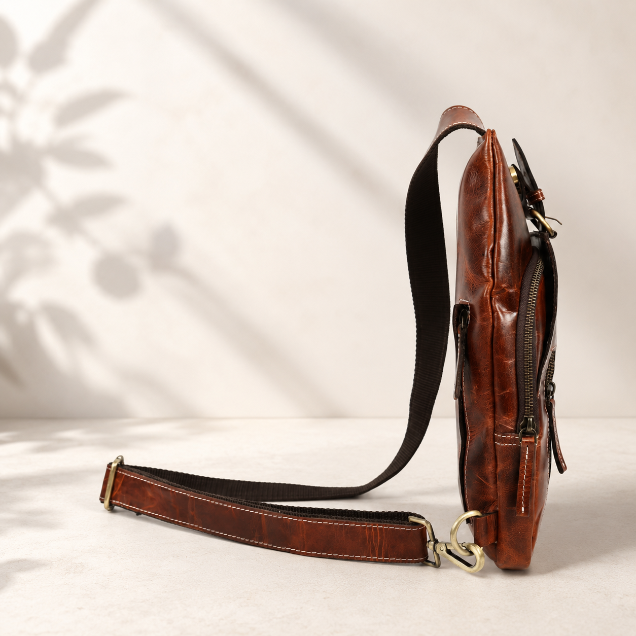 Unisex Leather Sling Bag Vintage Brown Crossbody Backpack, Handmade Travel Chest Bag, Genuine Leather Shoulder Bag