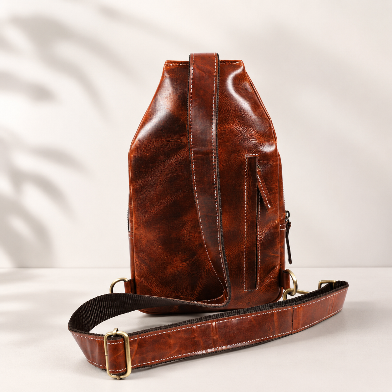 Unisex Leather Sling Bag Vintage Brown Crossbody Backpack, Handmade Travel Chest Bag, Genuine Leather Shoulder Bag