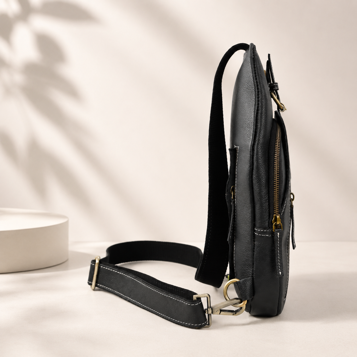 Unisex Leather Sling Bag Black Crossbody Backpack, Handmade Travel Chest Bag, Genuine Leather Shoulder Bag