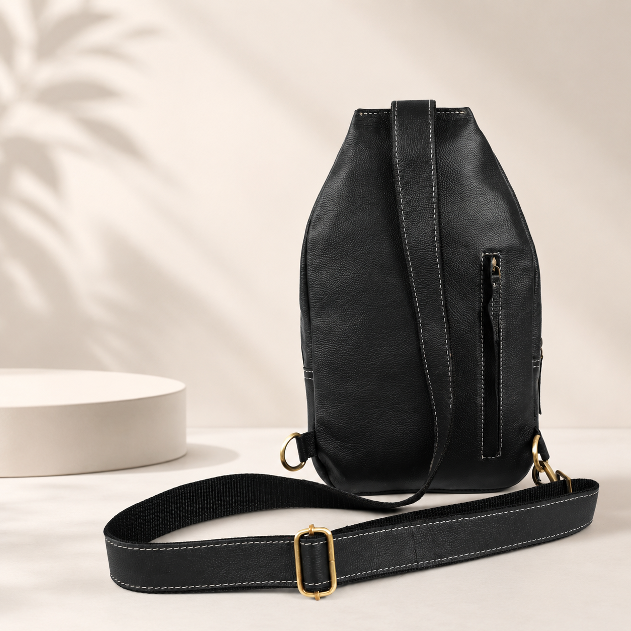 Unisex Leather Sling Bag Black Crossbody Backpack, Handmade Travel Chest Bag, Genuine Leather Shoulder Bag