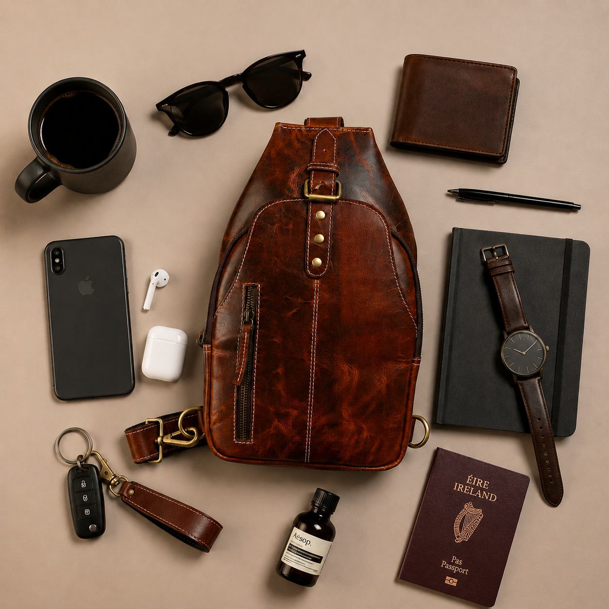 Unisex Leather Sling Bag Vintage Brown Crossbody Backpack, Handmade Travel Chest Bag, Genuine Leather Shoulder Bag