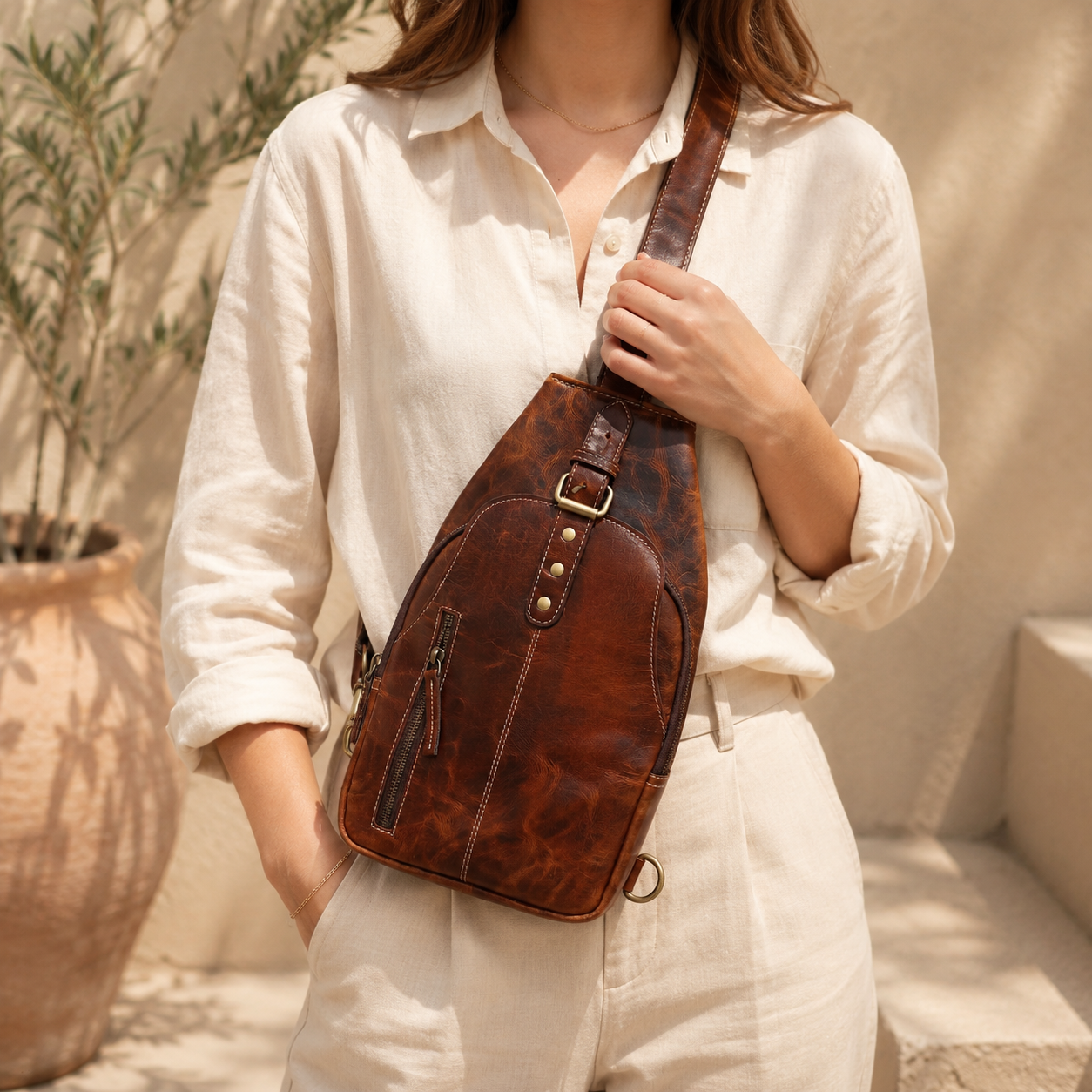 Unisex Leather Sling Bag Vintage Brown Crossbody Backpack, Handmade Travel Chest Bag, Genuine Leather Shoulder Bag