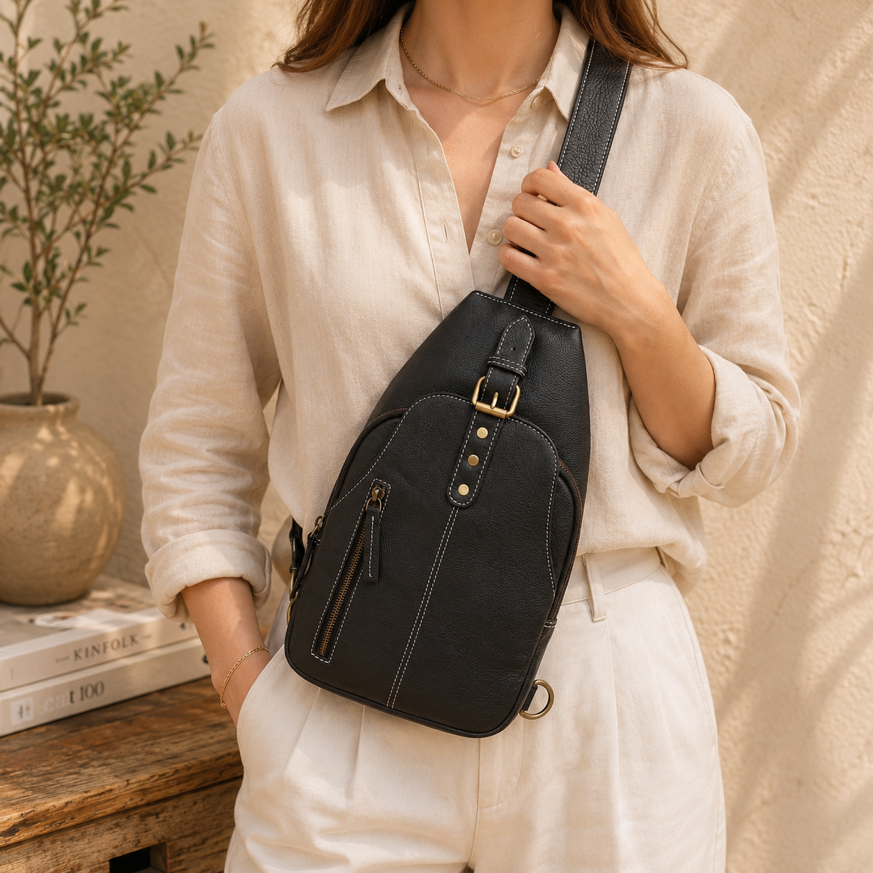 Unisex Leather Sling Bag Black Crossbody Backpack, Handmade Travel Chest Bag, Genuine Leather Shoulder Bag