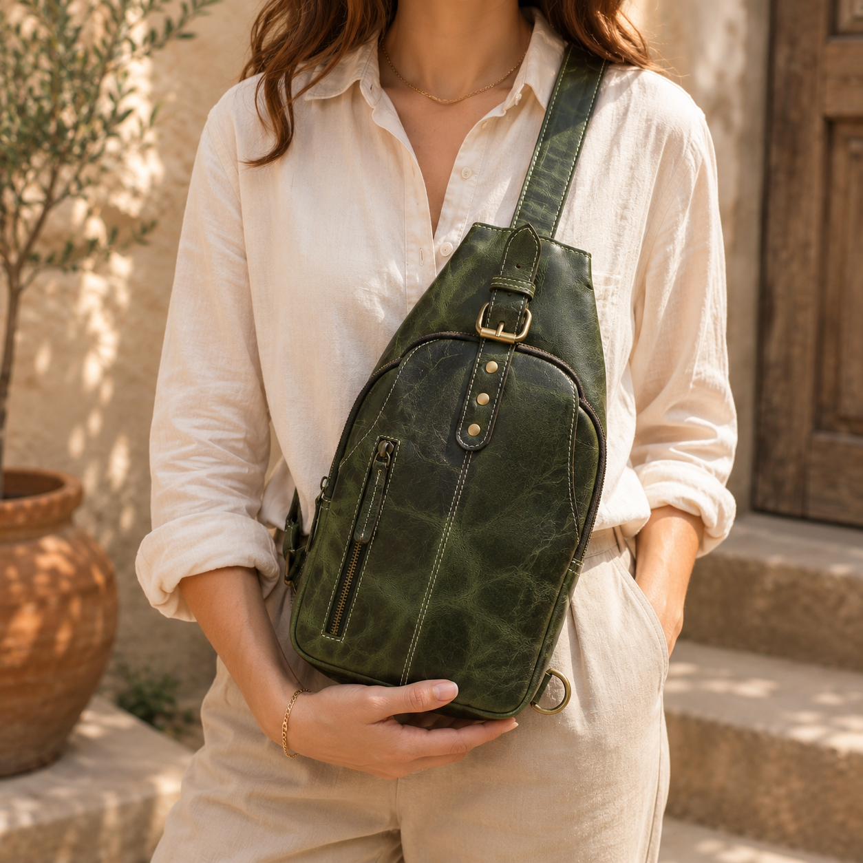 Unisex Leather Sling Bag Vintage Green Crossbody Backpack, Handmade Travel Chest Bag, Genuine Leather Shoulder Bag