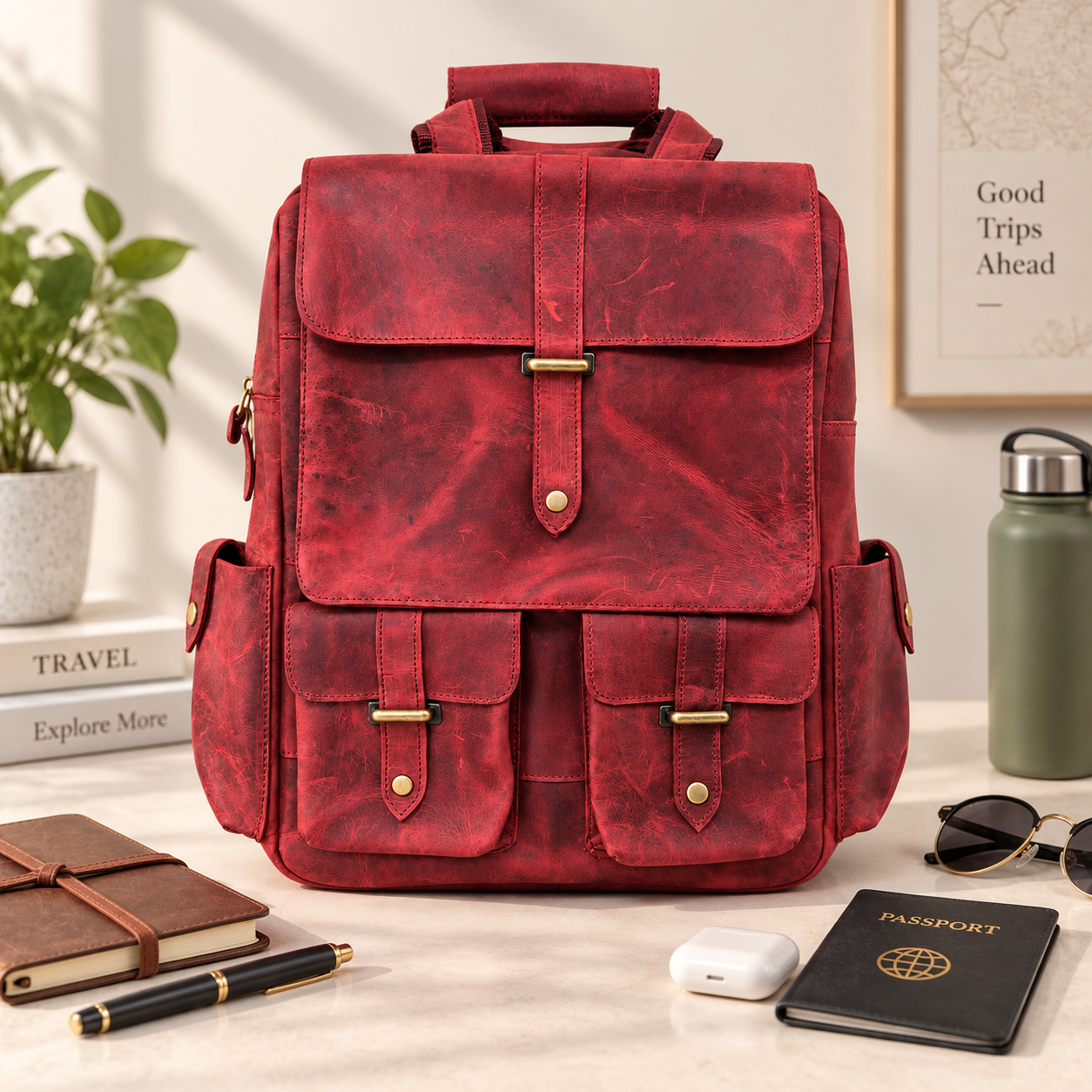 Red Leather Backpack Leather Rucksack Handmade Rustic Travel Backpack