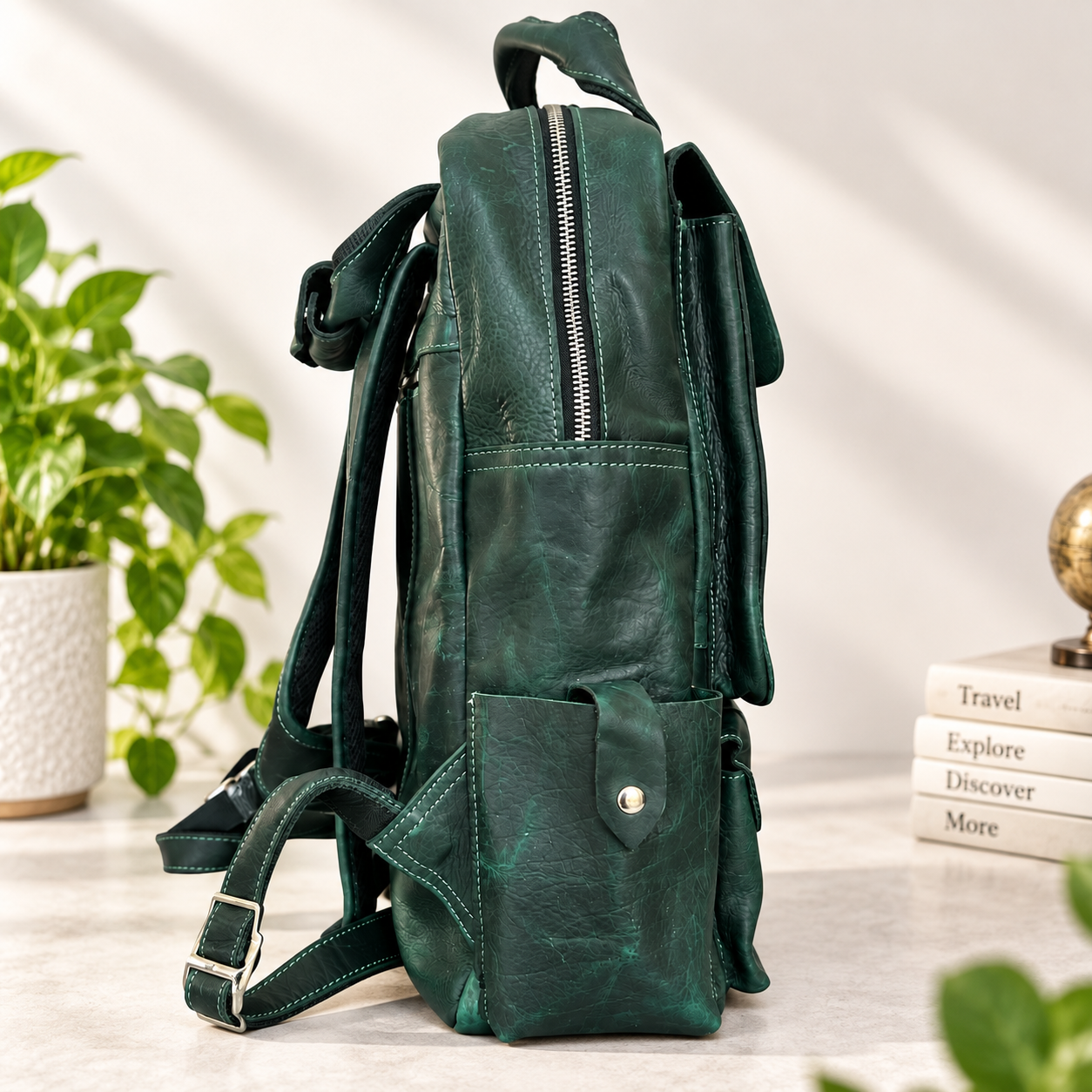 Green Leather Backpack Leather Rucksack Handmade Rustic Travel Backpack