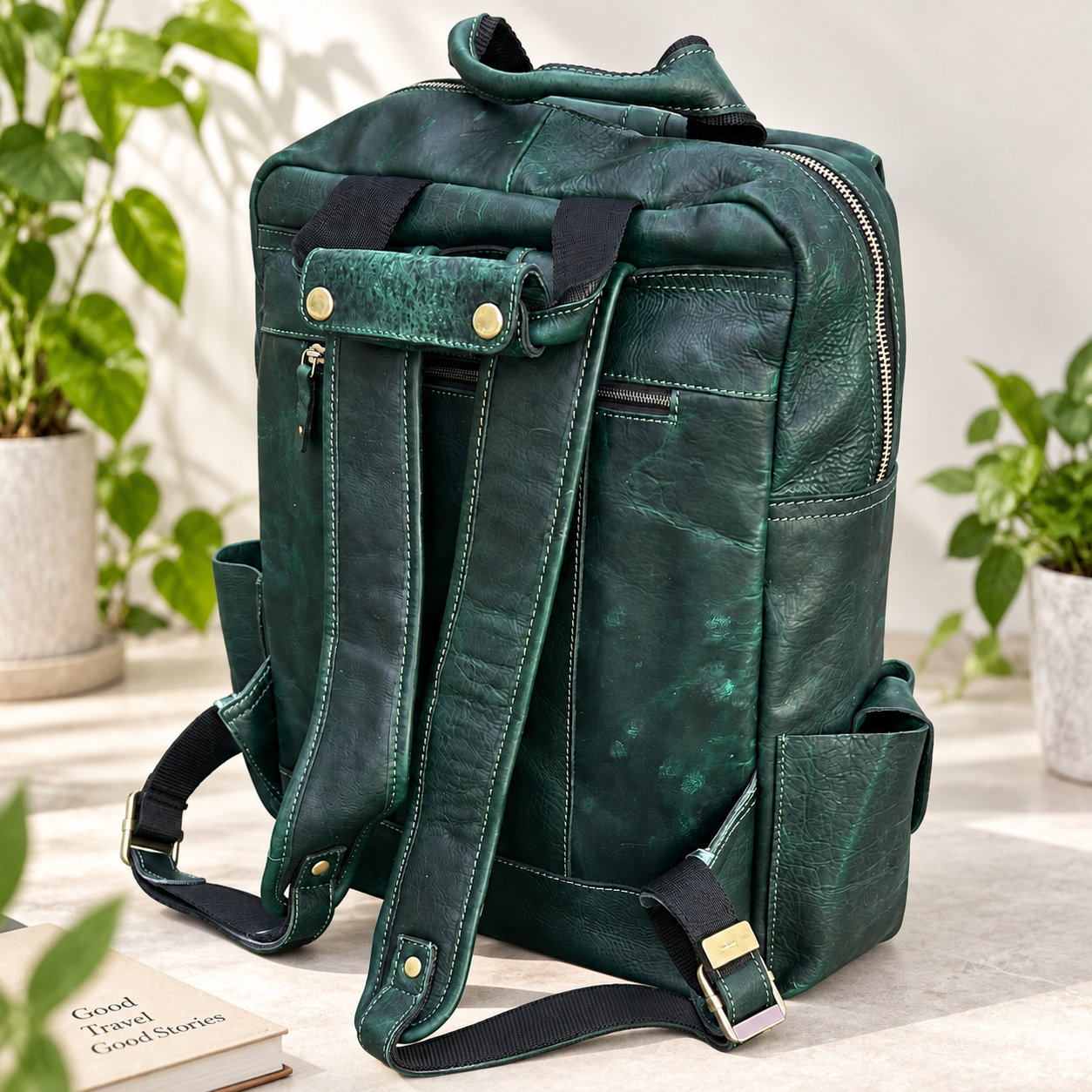 Green Leather Backpack Leather Rucksack Handmade Rustic Travel Backpack