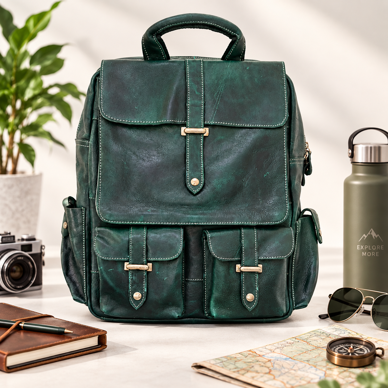 Green Leather Backpack Leather Rucksack Handmade Rustic Travel Backpack