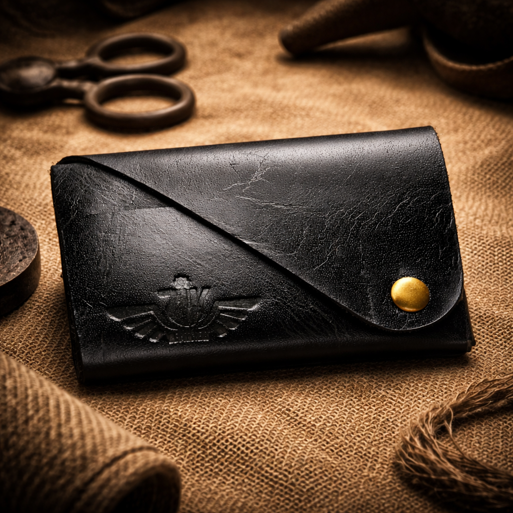Unisex Premium Genuine Leather Envelope Wallet Handcrafted Card Holder Pouch with Button Closure Black Minimal Wallet