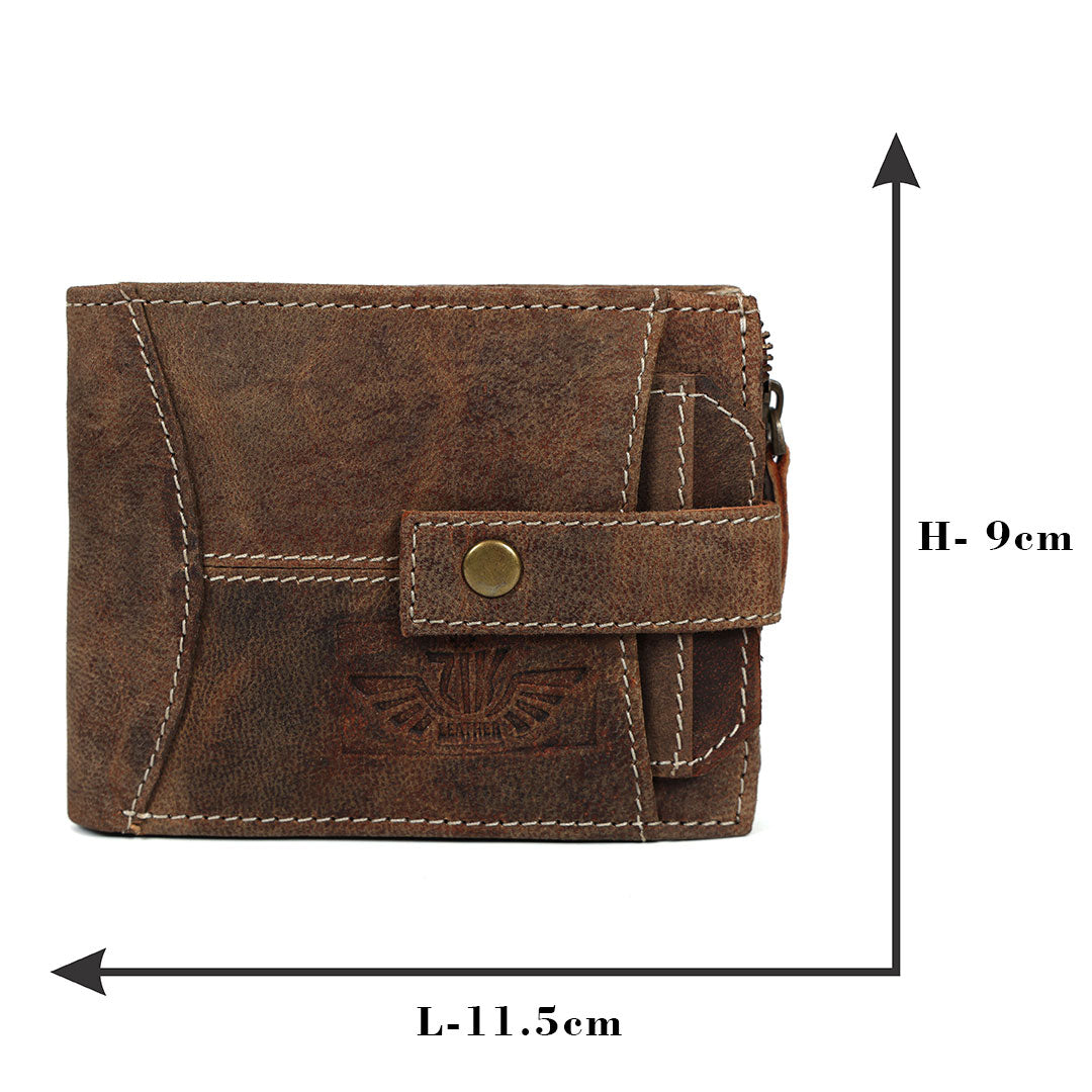 Genuine Leather Men’s Wallet – Rustic Brown Trifold with Coin Pocket & Button Strap