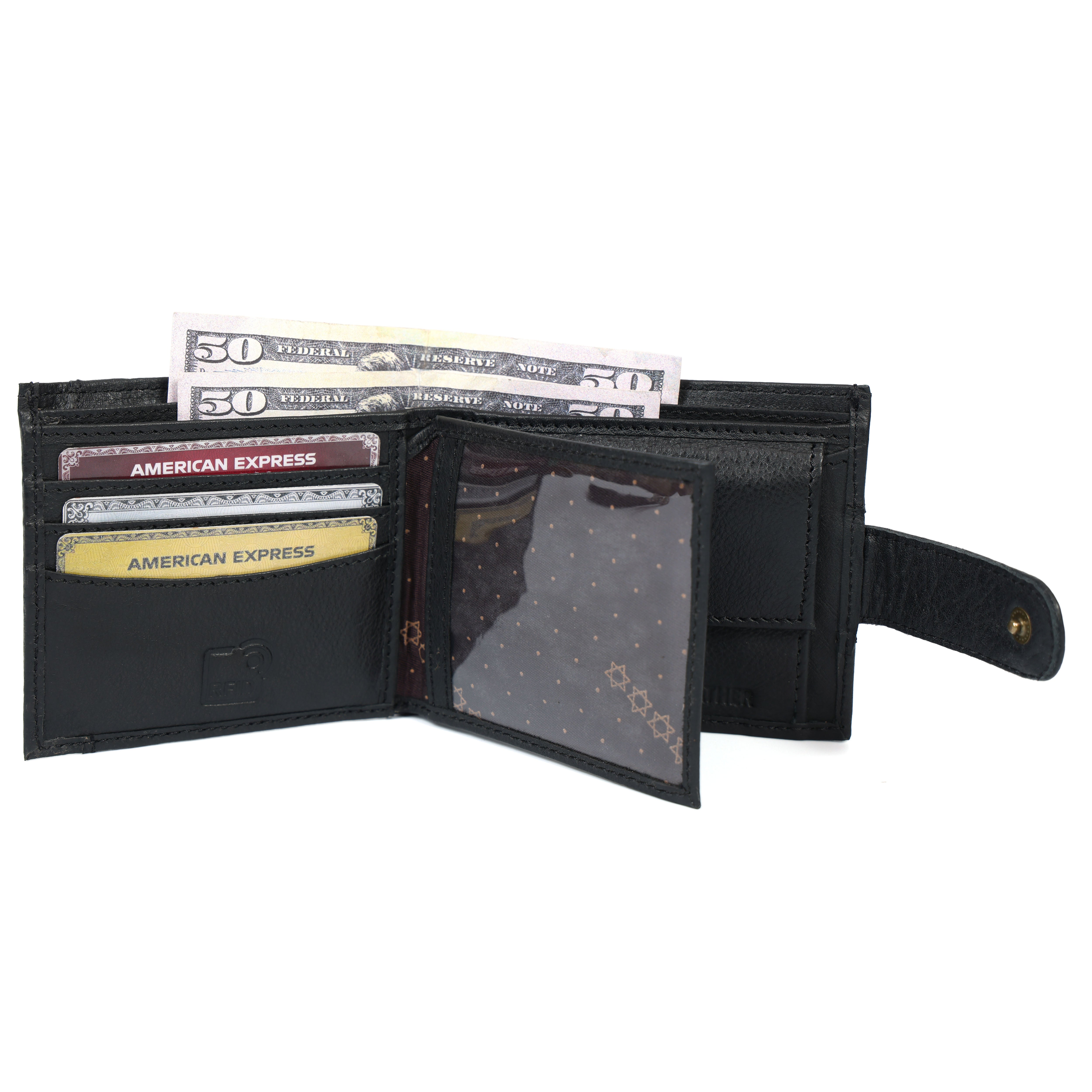 Handmade Classic Black Leather Wallet for Men | Classic Trifold Wallet with Snap Closure & Zip Pocket