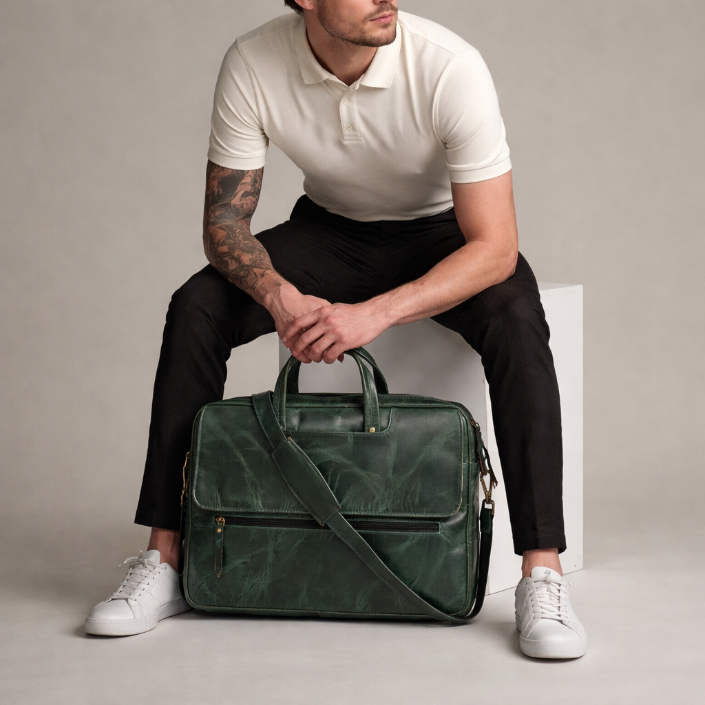 Premium Genuine Leather Laptop Bag Green Office Briefcase with Shoulder Strap Stylish Business Messenger Bag