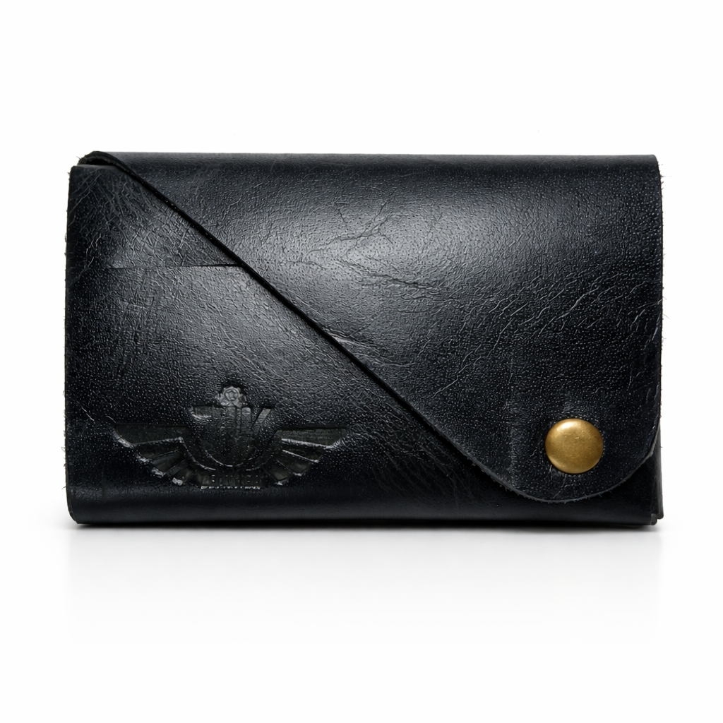 Unisex Premium Genuine Leather Envelope Wallet Handcrafted Card Holder Pouch with Button Closure Black Minimal Wallet